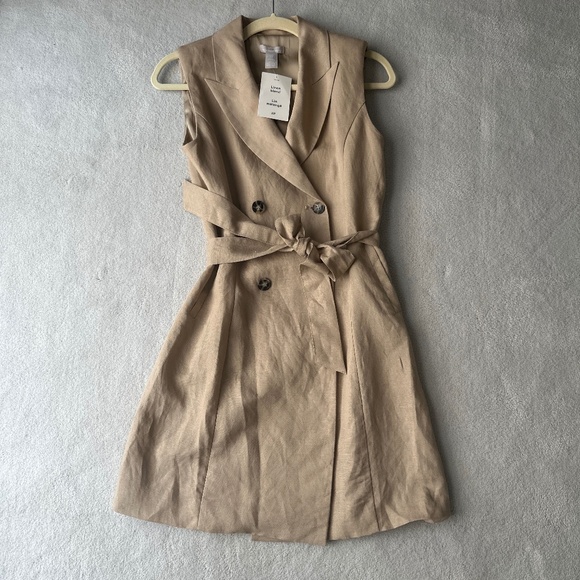 Linen Blend Tan Sleeveless Double-Breasted Trench Dress NWT - Picture 1 of 6